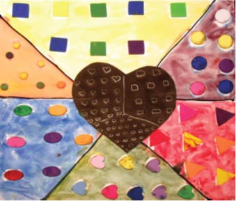 Painting of a chocolate colored heart surrounded by different texture wedges.